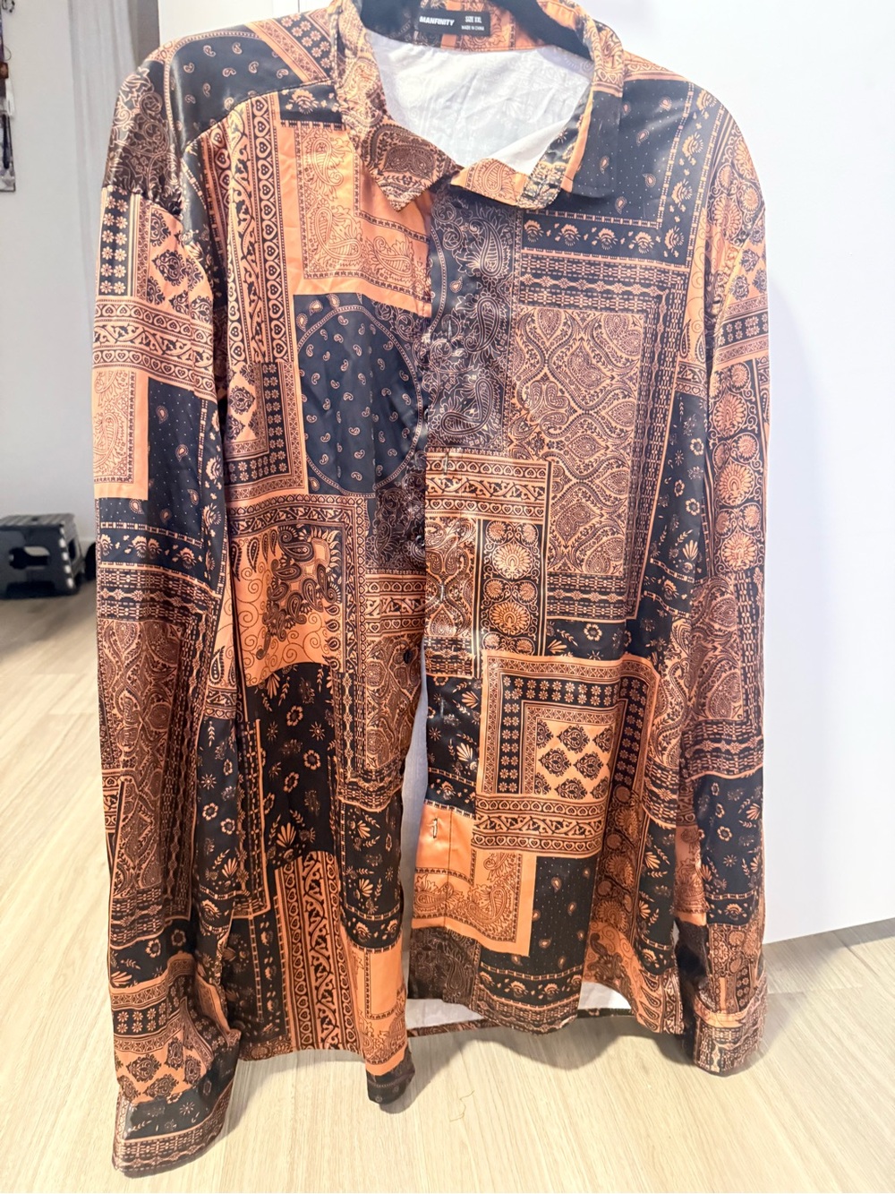 NFINITY Men's Casual Button Down Shirt in Black and Orange Bandana Print